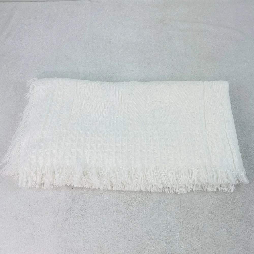 Vintage Baby Blanket Crib Receiving Textured White Woven Fringe 39